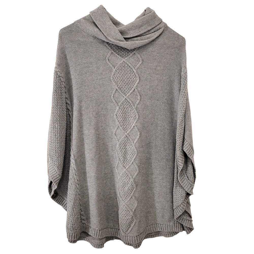 Charlie Paige Gray Cable Knit Cowl Neck Poncho Sweater Metallic Thread One Size